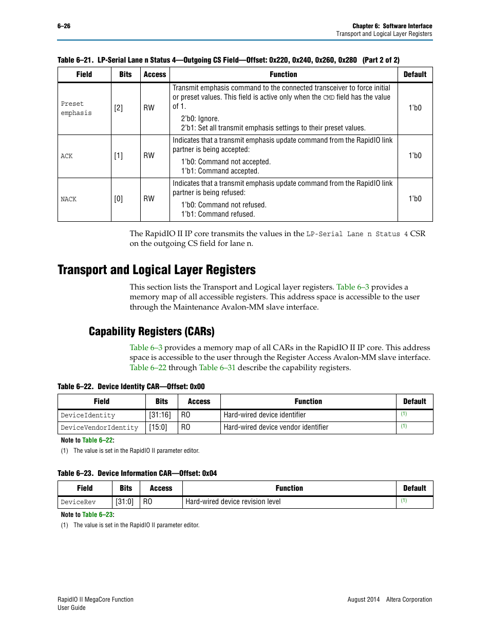 Transport and logical layer registers, Capability registers (cars), Transport and logical layer registers –26 | Capability registers (cars) –26 | Altera RapidIO II MegaCore Function User Manual | Page 164 / 218