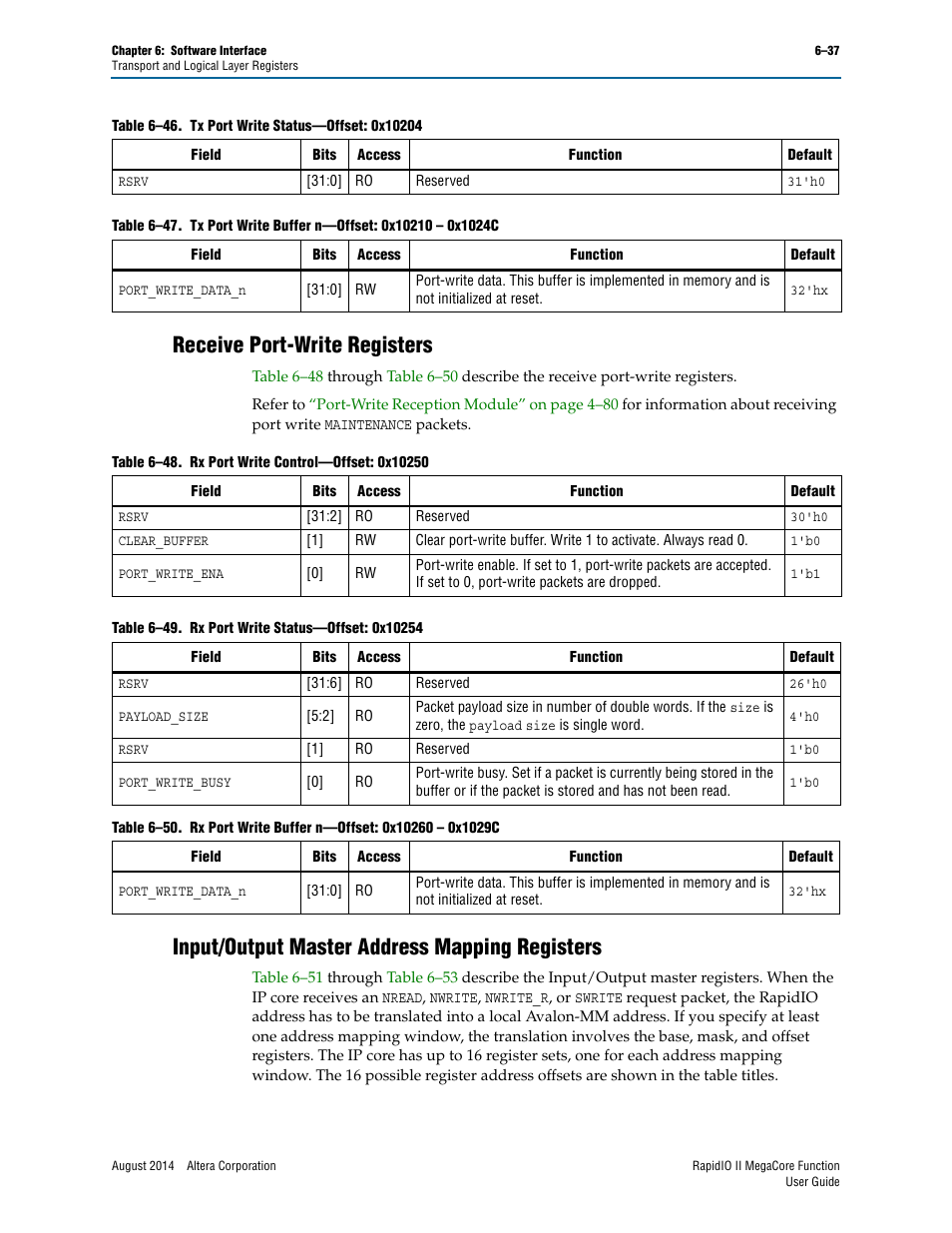 Receive port-write registers, Input/output master address mapping registers, Table 6–49 on | Receive port-write, Input/output | Altera RapidIO II MegaCore Function User Manual | Page 175 / 218