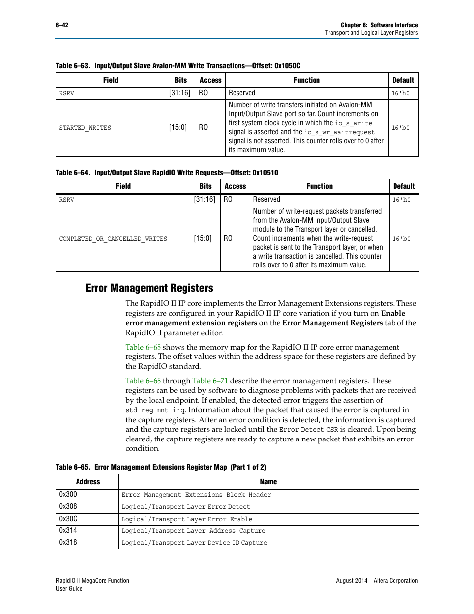 Error management registers, Error management registers –42, Error | Altera RapidIO II MegaCore Function User Manual | Page 180 / 218