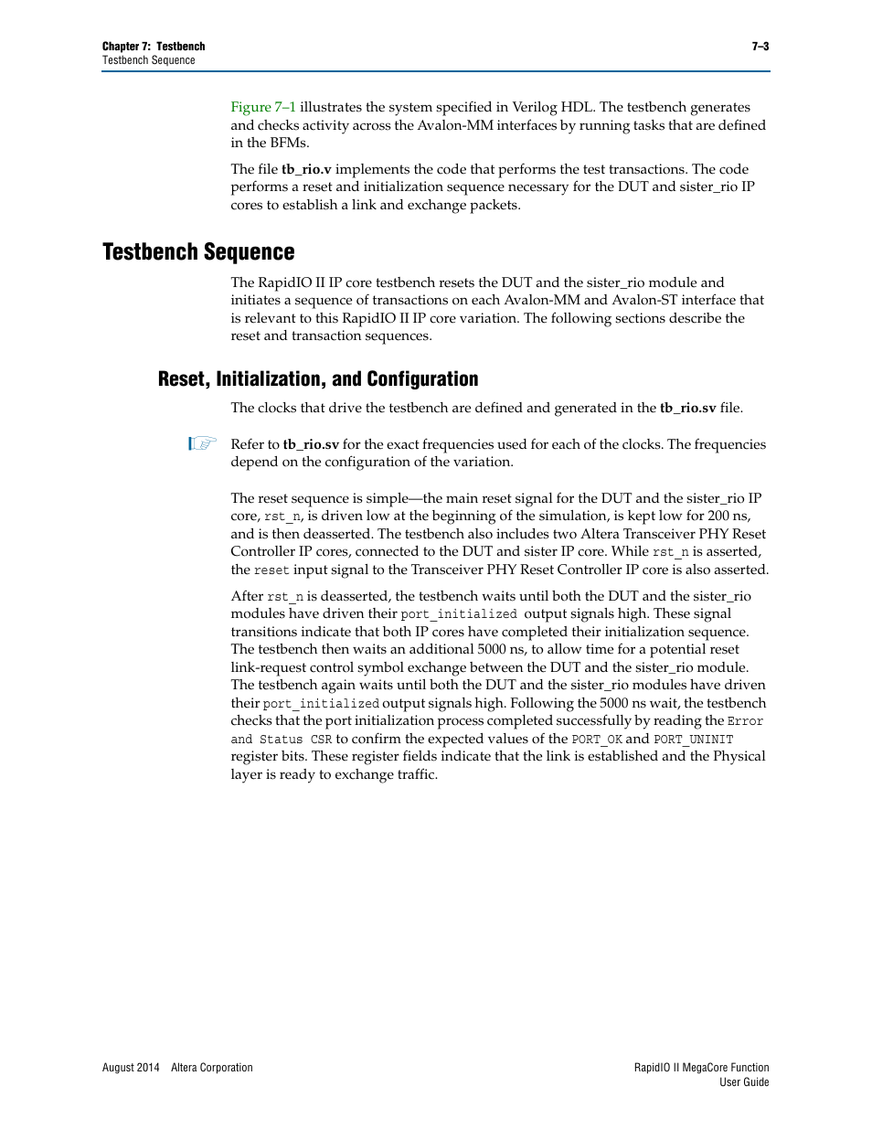Testbench sequence, Reset, initialization, and configuration, Testbench sequence –3 | Reset, initialization, and configuration –3 | Altera RapidIO II MegaCore Function User Manual | Page 197 / 218