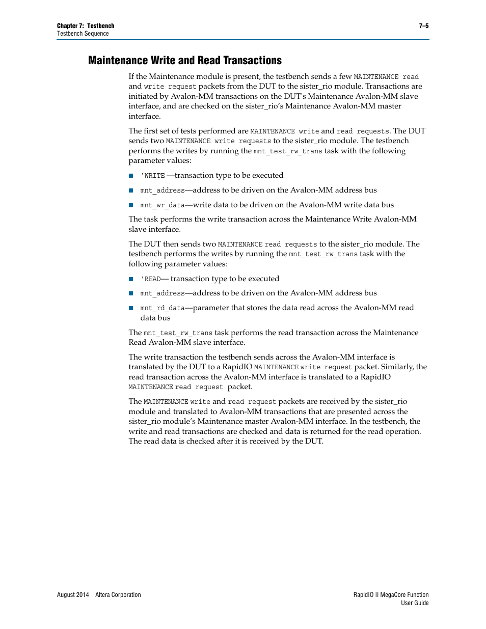Maintenance write and read transactions, Maintenance write and read transactions –5 | Altera RapidIO II MegaCore Function User Manual | Page 199 / 218