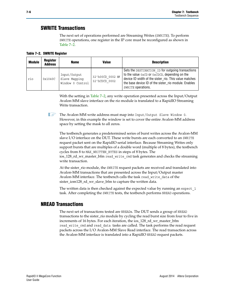Swrite transactions, Nread transactions, Swrite transactions –6 nread transactions –6 | Altera RapidIO II MegaCore Function User Manual | Page 200 / 218