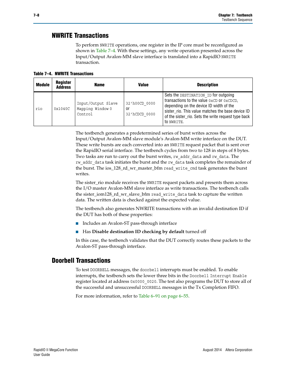 Nwrite transactions, Doorbell transactions, Nwrite transactions –8 | Doorbell transactions –8 | Altera RapidIO II MegaCore Function User Manual | Page 202 / 218