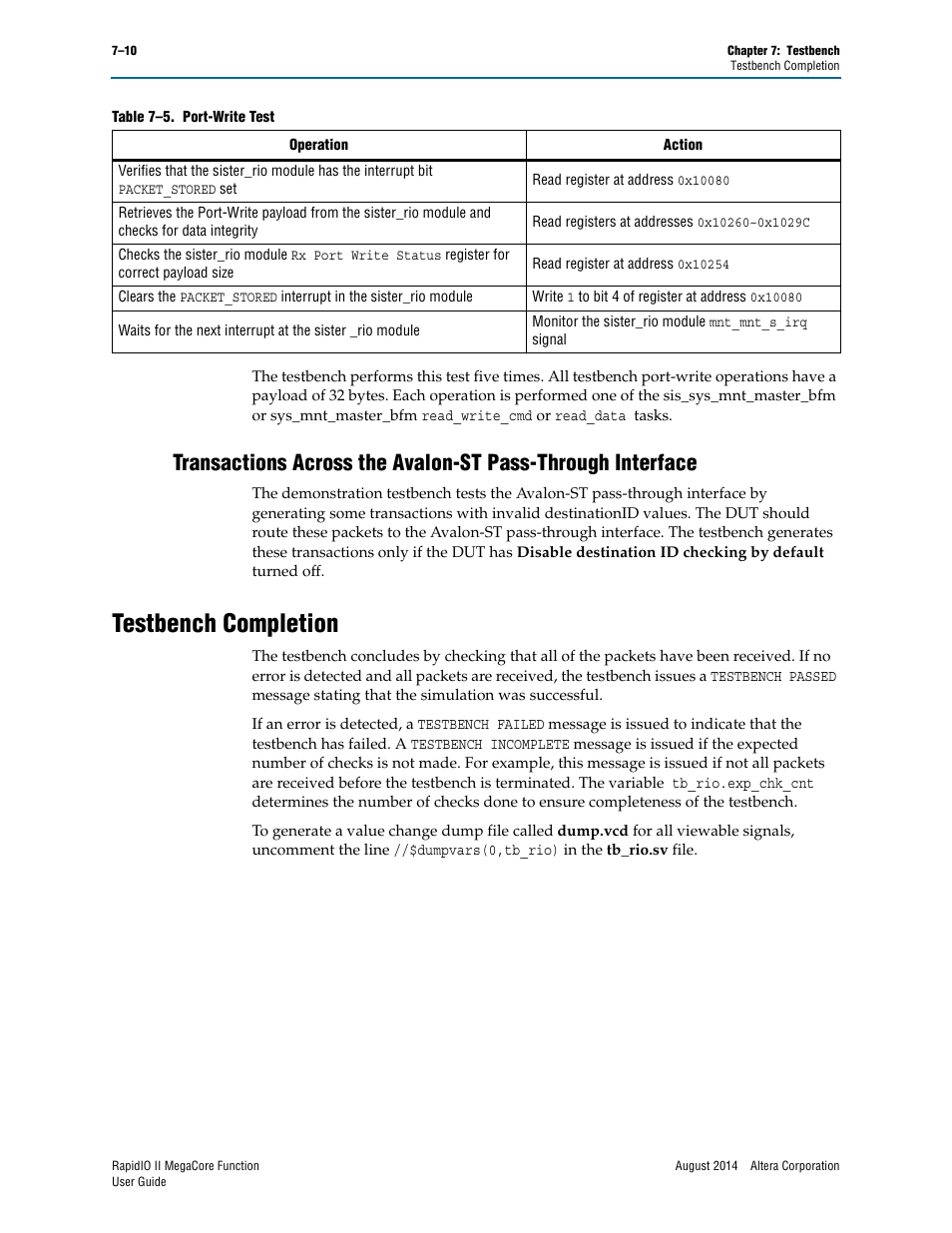 Testbench completion, Testbench completion –10 | Altera RapidIO II MegaCore Function User Manual | Page 204 / 218