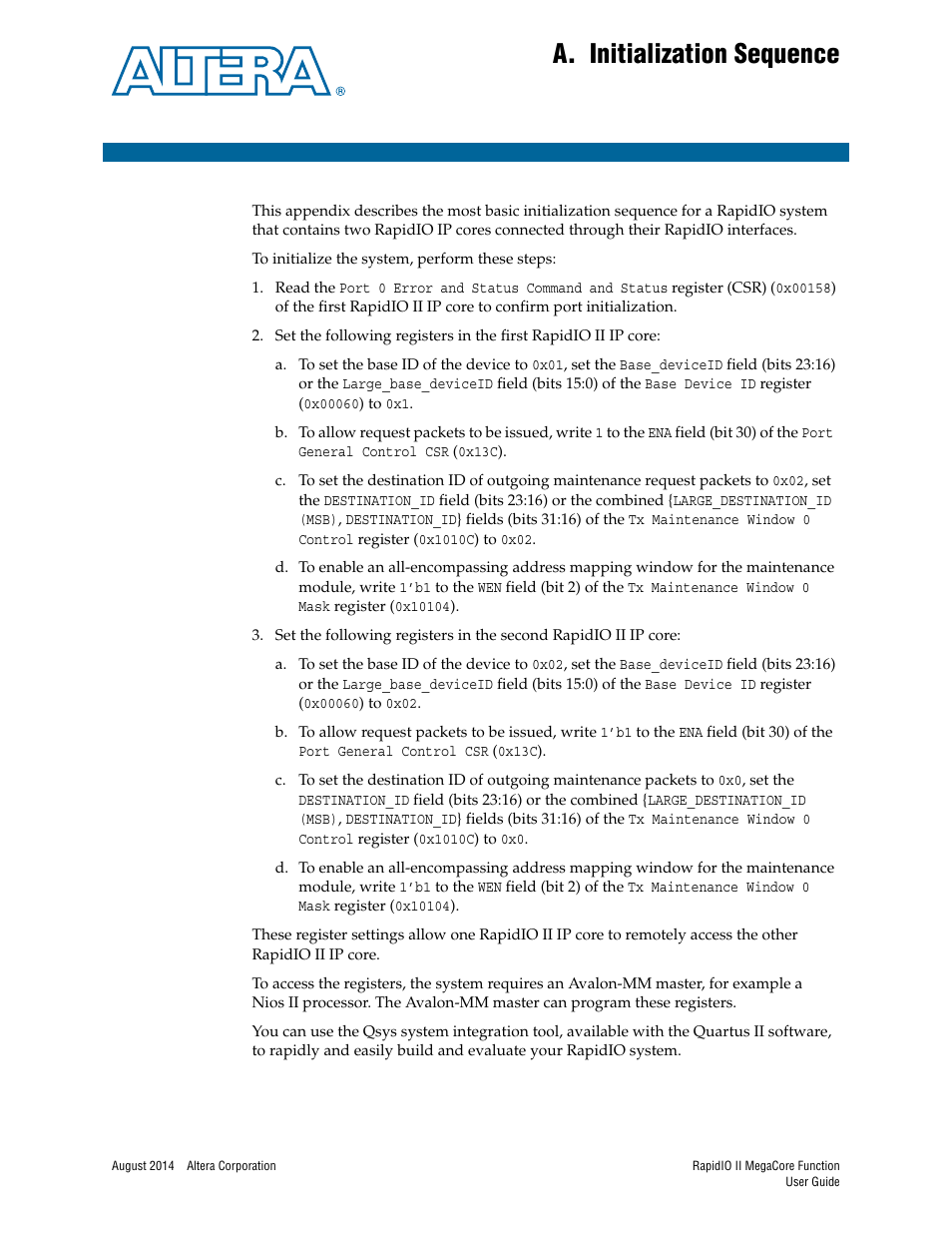 A. initialization sequence, Appendix a. initialization sequence | Altera RapidIO II MegaCore Function User Manual | Page 207 / 218