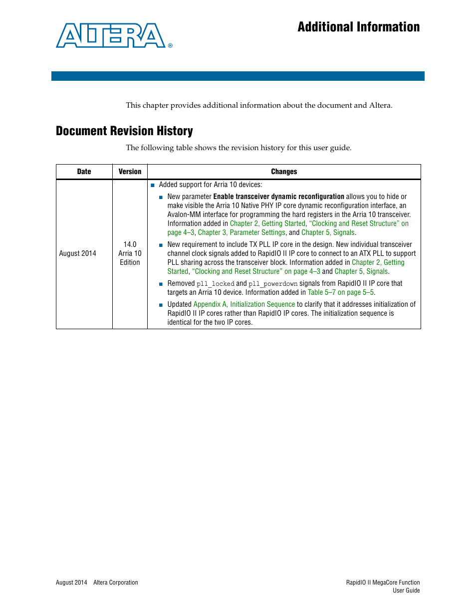 Additional information, Document revision history, Additional | Information | Altera RapidIO II MegaCore Function User Manual | Page 213 / 218