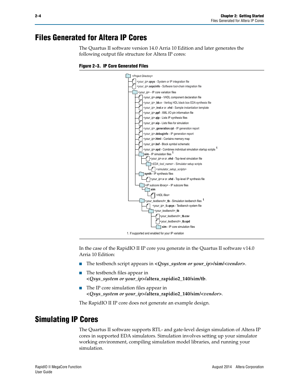 Files generated for altera ip cores, Simulating ip cores | Altera RapidIO II MegaCore Function User Manual | Page 22 / 218