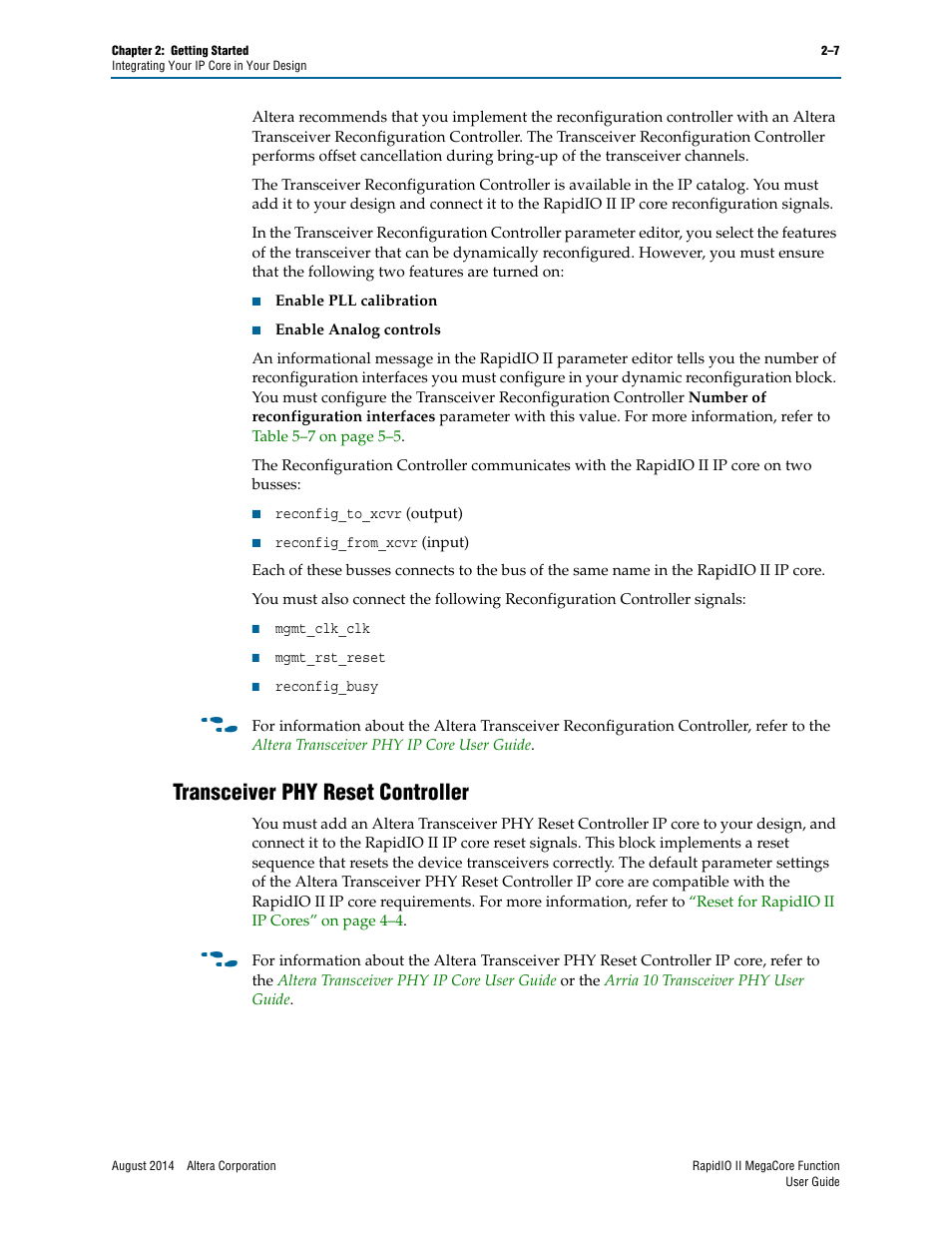 Transceiver phy reset controller, Transceiver phy reset controller –7 | Altera RapidIO II MegaCore Function User Manual | Page 25 / 218