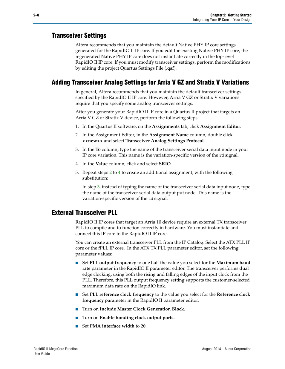 Transceiver settings, External transceiver pll | Altera RapidIO II MegaCore Function User Manual | Page 26 / 218