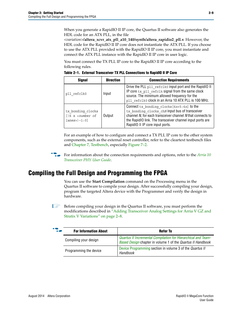 Compiling the full design and programming the fpga | Altera RapidIO II MegaCore Function User Manual | Page 27 / 218