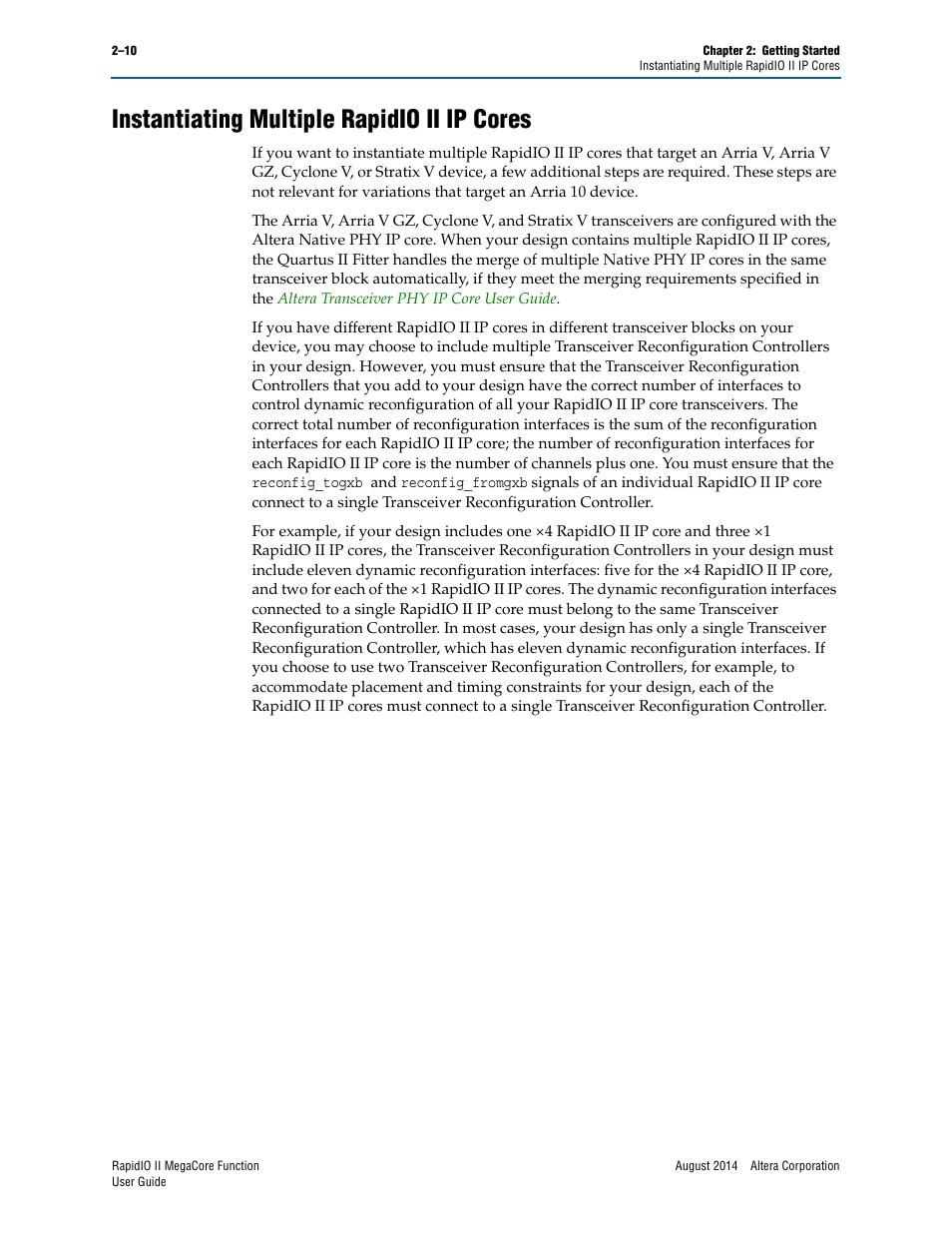 Instantiating multiple rapidio ii ip cores, Instantiating multiple rapidio ii ip cores –10 | Altera RapidIO II MegaCore Function User Manual | Page 28 / 218