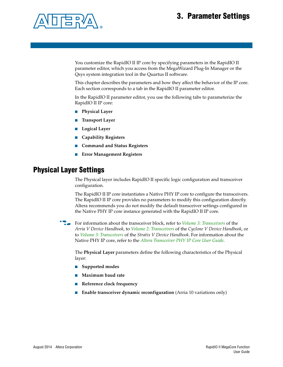 Parameter settings, Physical layer settings, Chapter 3. parameter settings | Physical layer settings –1 | Altera RapidIO II MegaCore Function User Manual | Page 31 / 218