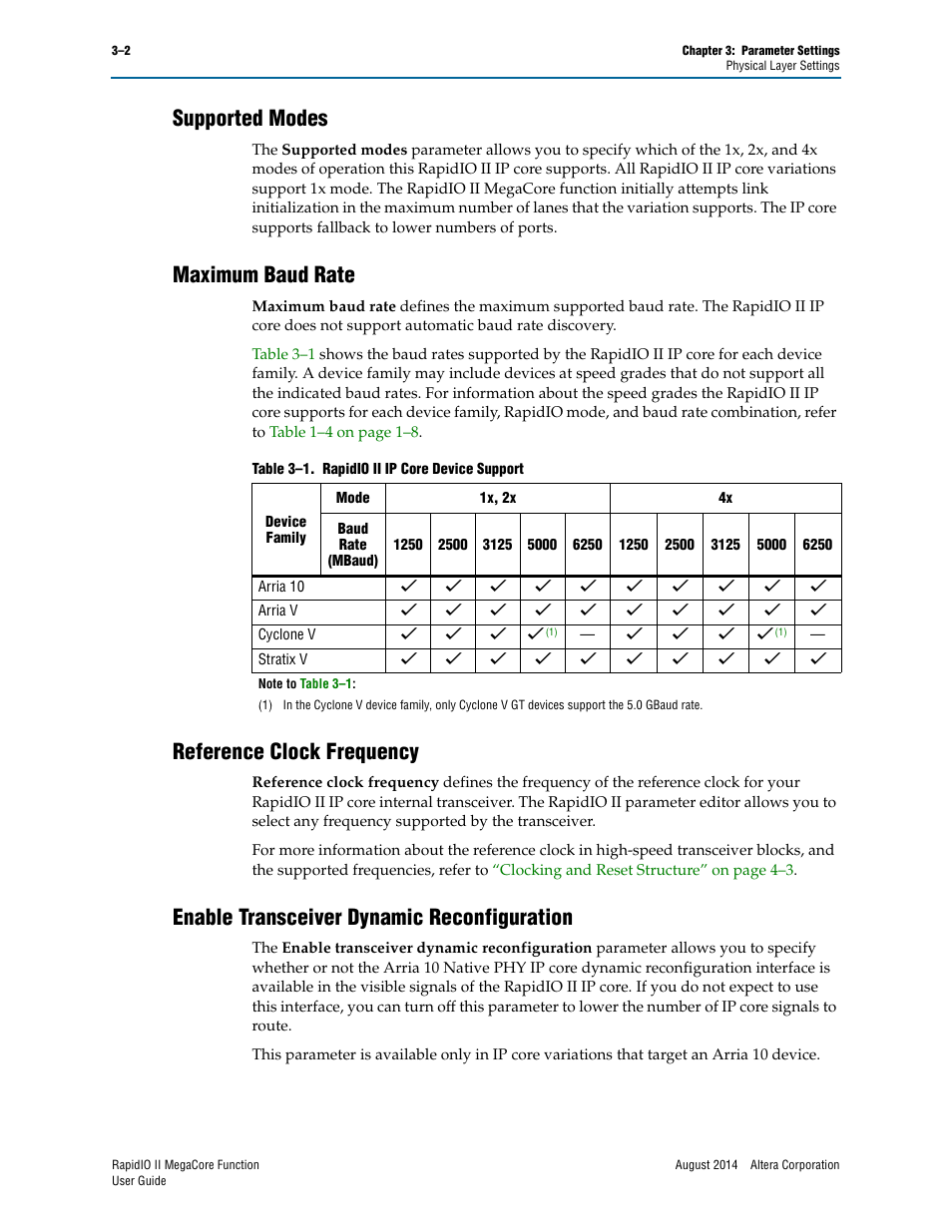 Supported modes, Maximum baud rate, Reference clock frequency | Enable transceiver dynamic reconfiguration | Altera RapidIO II MegaCore Function User Manual | Page 32 / 218