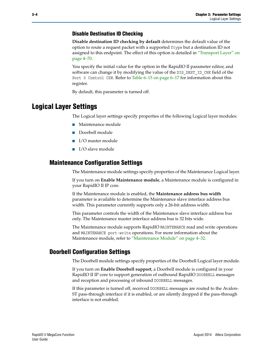 Disable destination id checking, Logical layer settings, Maintenance configuration settings | Doorbell configuration settings, Disable destination id checking –4, Logical layer settings –4 | Altera RapidIO II MegaCore Function User Manual | Page 34 / 218