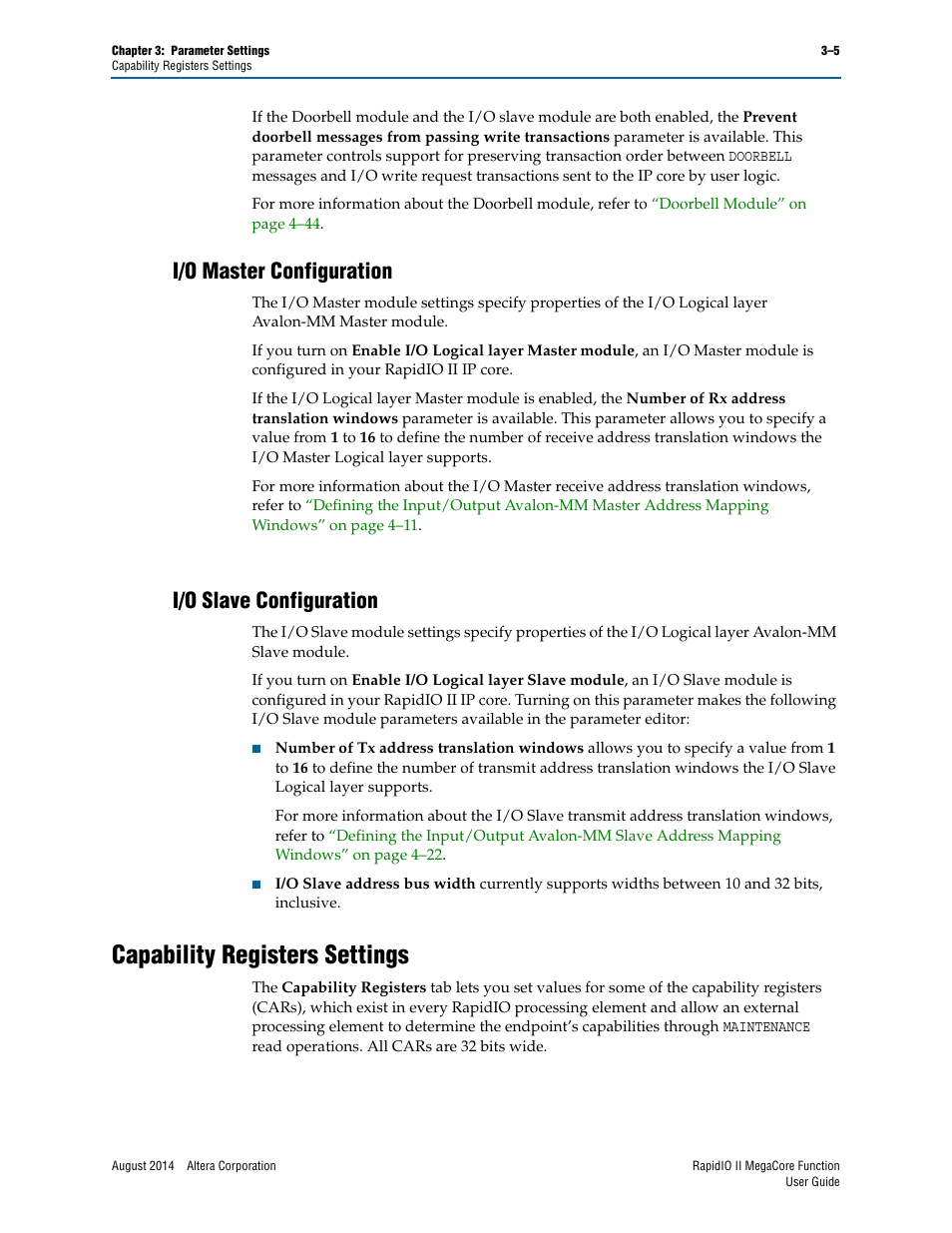 I/o master configuration, I/o slave configuration, Capability registers settings | Capability registers settings –5 | Altera RapidIO II MegaCore Function User Manual | Page 35 / 218