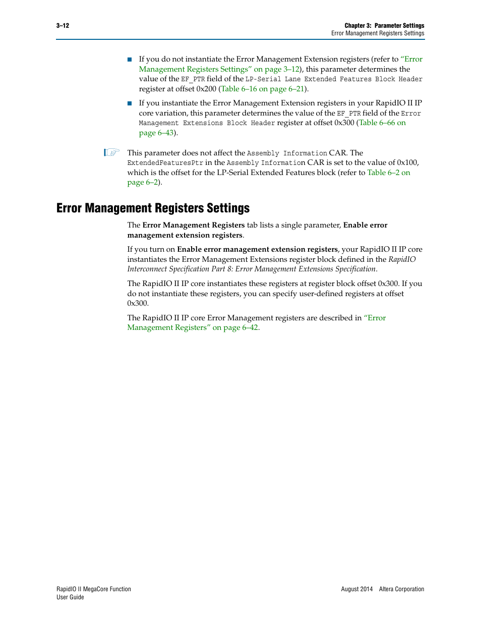 Error management registers settings, Error management registers settings –12 | Altera RapidIO II MegaCore Function User Manual | Page 42 / 218