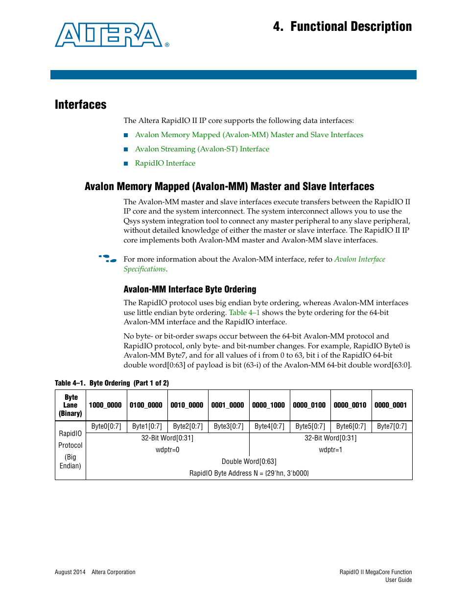 Functional description, Interfaces, Avalon-mm interface byte ordering | Chapter 4. functional description, Interfaces –1, Avalon-mm interface byte ordering –1 | Altera RapidIO II MegaCore Function User Manual | Page 43 / 218