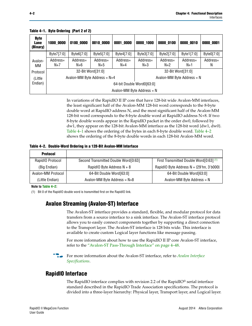 Avalon streaming (avalon-st) interface, Rapidio interface | Altera RapidIO II MegaCore Function User Manual | Page 44 / 218