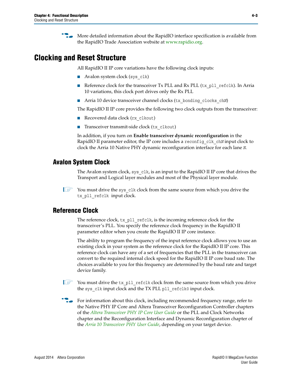 Clocking and reset structure, Avalon system clock, Reference clock | Clocking and reset structure –3, Avalon system clock –3 reference clock –3 | Altera RapidIO II MegaCore Function User Manual | Page 45 / 218