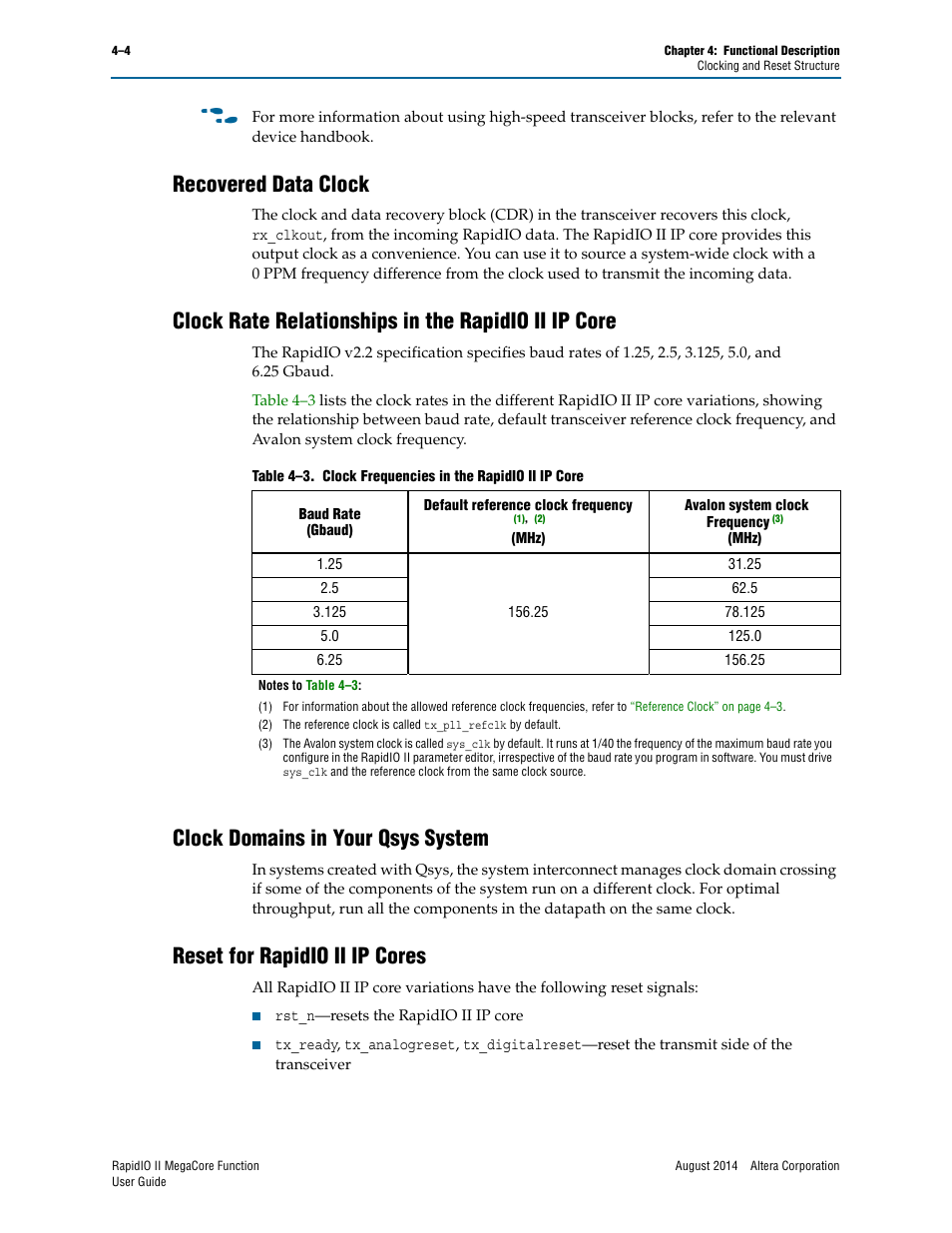Recovered data clock, Clock rate relationships in the rapidio ii ip core, Clock domains in your qsys system | Reset for rapidio ii ip cores, Reset for rapidio ii | Altera RapidIO II MegaCore Function User Manual | Page 46 / 218