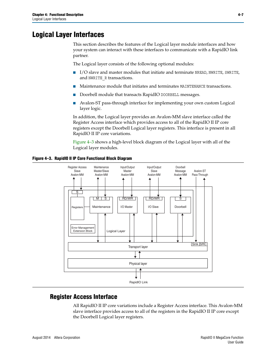 Logical layer interfaces, Register access interface, Logical layer interfaces –7 | Register access interface –7 | Altera RapidIO II MegaCore Function User Manual | Page 49 / 218