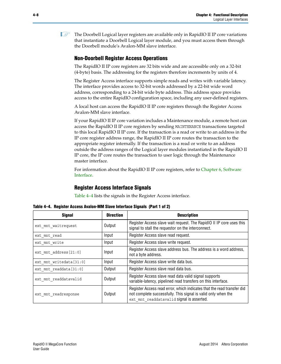 Non-doorbell register access operations, Register access interface signals | Altera RapidIO II MegaCore Function User Manual | Page 50 / 218