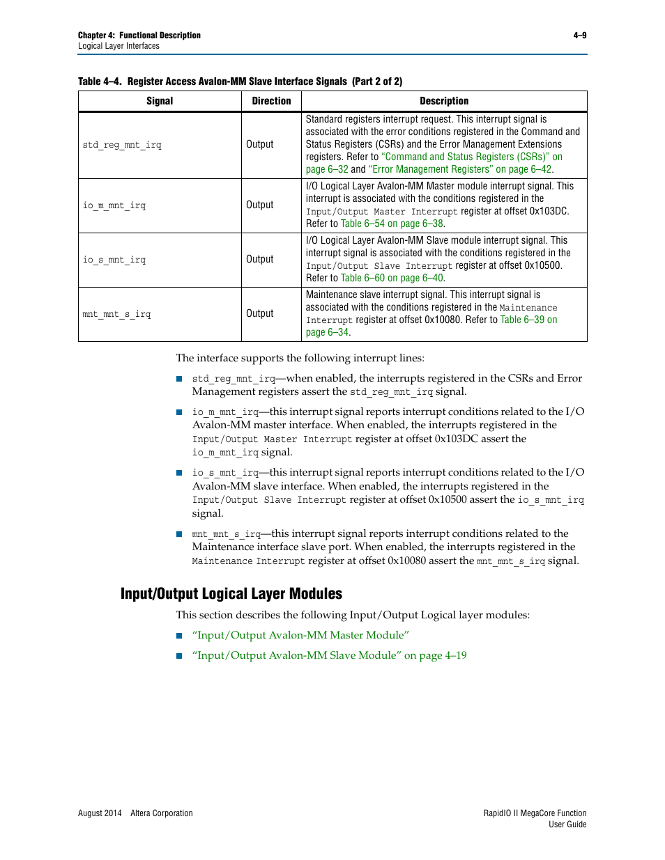 Input/output logical layer modules, Input/output logical layer modules –9 | Altera RapidIO II MegaCore Function User Manual | Page 51 / 218