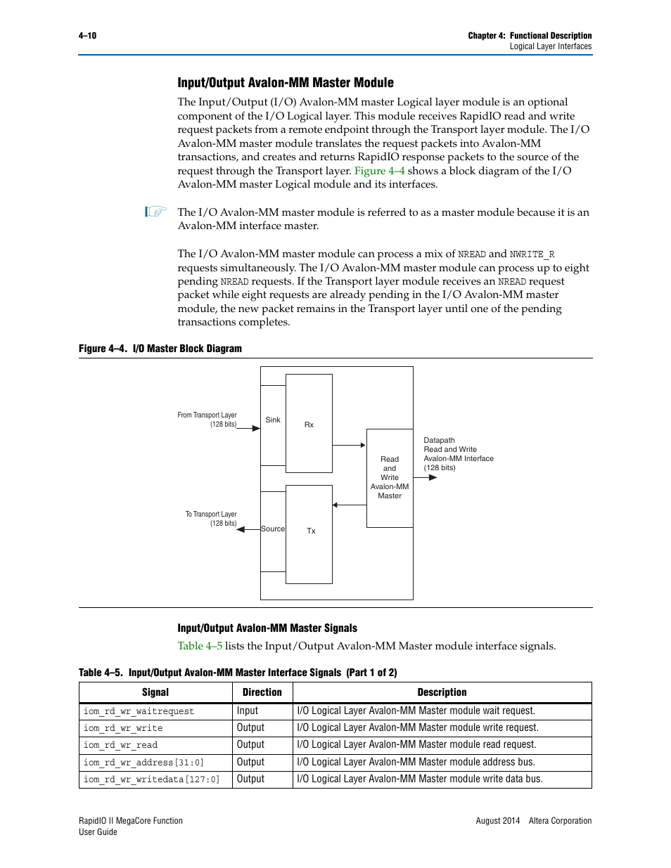 Input/output avalon-mm master module, Input/output avalon-mm master module –10 | Altera RapidIO II MegaCore Function User Manual | Page 52 / 218