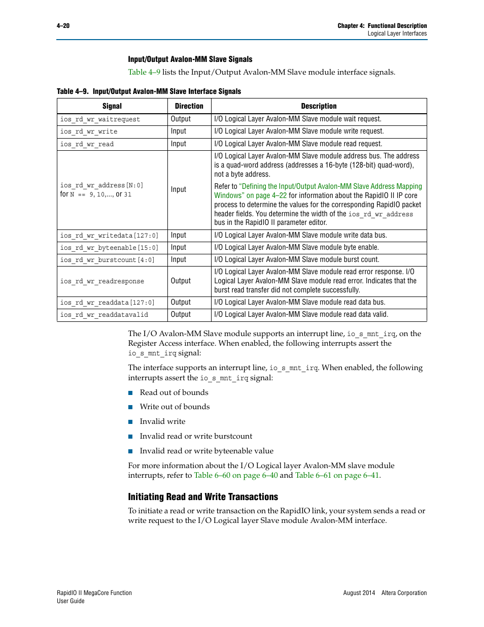 Initiating read and write transactions, Initiating read and write transactions –20 | Altera RapidIO II MegaCore Function User Manual | Page 62 / 218