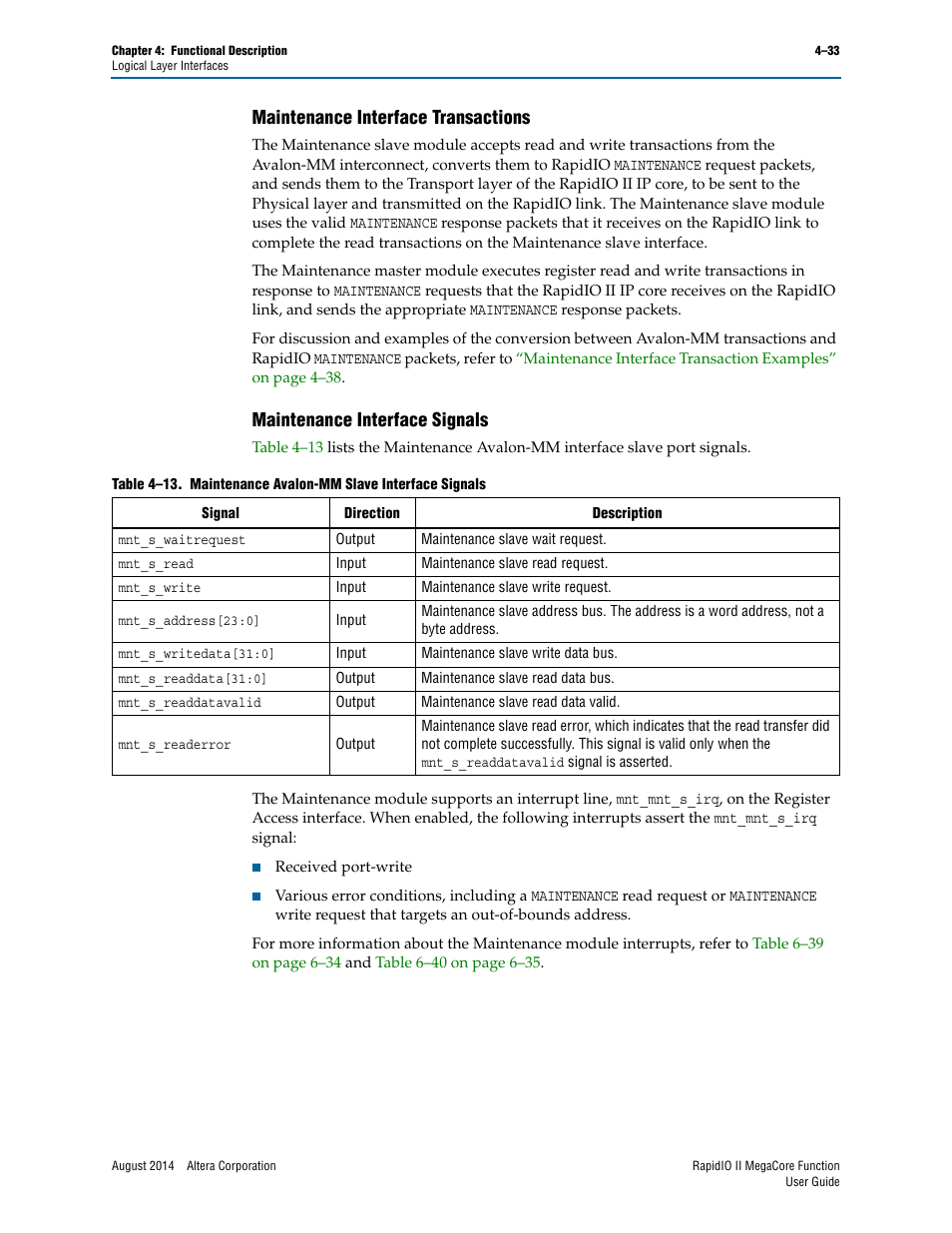 Maintenance interface transactions, Maintenance interface signals | Altera RapidIO II MegaCore Function User Manual | Page 75 / 218