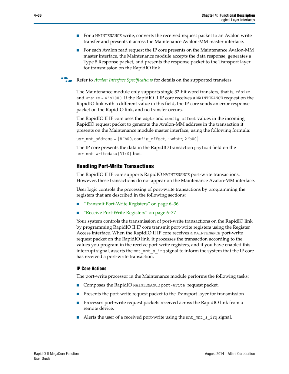 Handling port-write transactions, Handling port-write transactions –36 | Altera RapidIO II MegaCore Function User Manual | Page 78 / 218