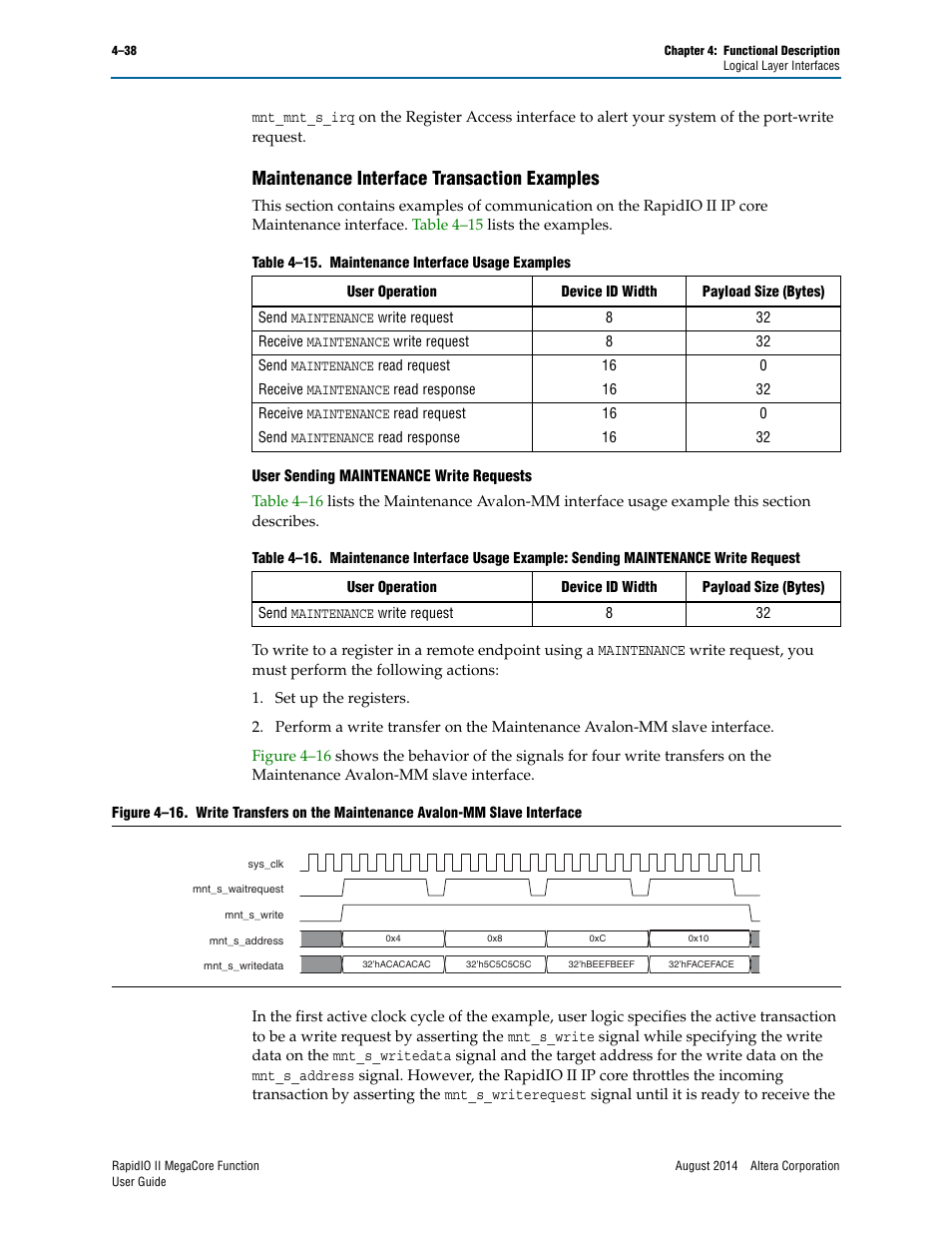 Maintenance interface transaction examples, Maintenance interface transaction examples –38, Maintenance interface transaction examples” on | Altera RapidIO II MegaCore Function User Manual | Page 80 / 218