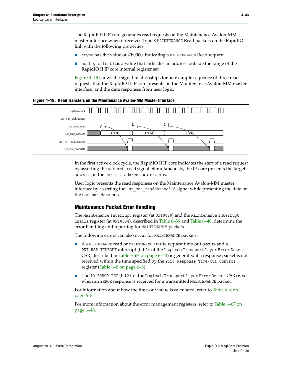 Maintenance packet error handling, Maintenance packet error handling –43 | Altera RapidIO II MegaCore Function User Manual | Page 85 / 218