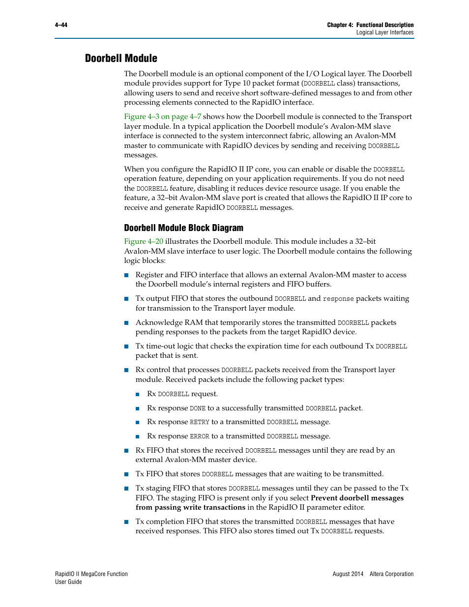 Doorbell module, Doorbell module block diagram, Doorbell module –44 | Doorbell module block diagram –44, Doorbell module” on | Altera RapidIO II MegaCore Function User Manual | Page 86 / 218