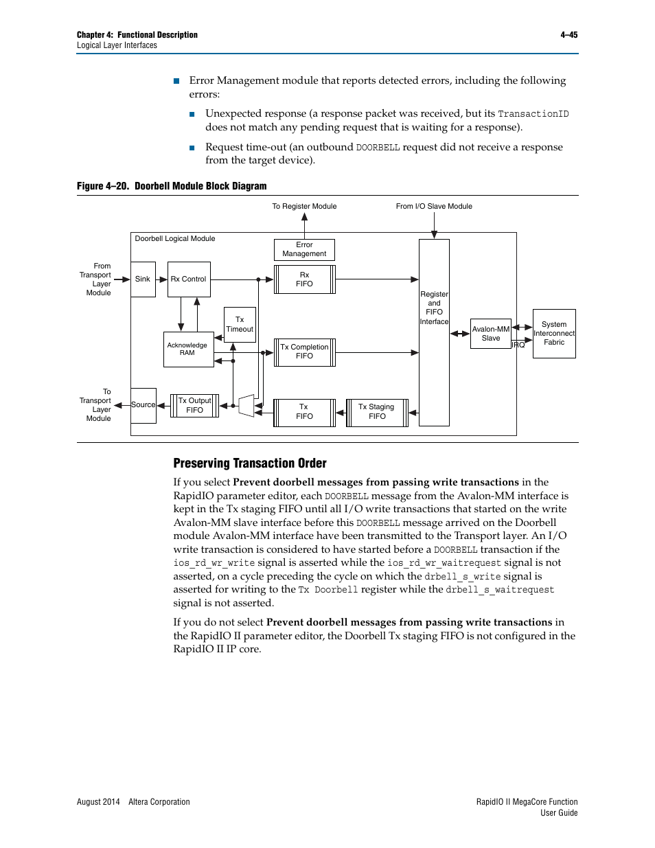 Preserving transaction order, Preserving transaction order –45, Figure 4–20 | Altera RapidIO II MegaCore Function User Manual | Page 87 / 218