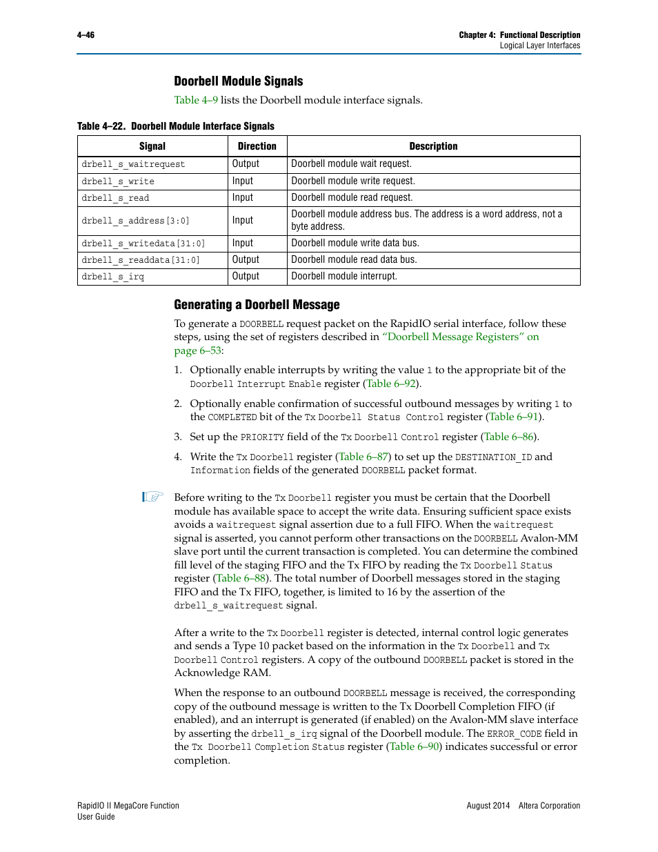 Doorbell module signals, Generating a doorbell message | Altera RapidIO II MegaCore Function User Manual | Page 88 / 218