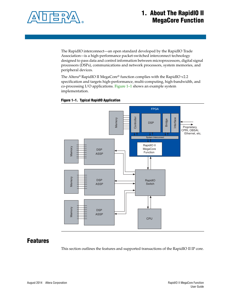 About the rapidio ii megacore function, Features, Chapter 1. about the rapidio ii megacore function | Features –1 | Altera RapidIO II MegaCore Function User Manual | Page 9 / 218