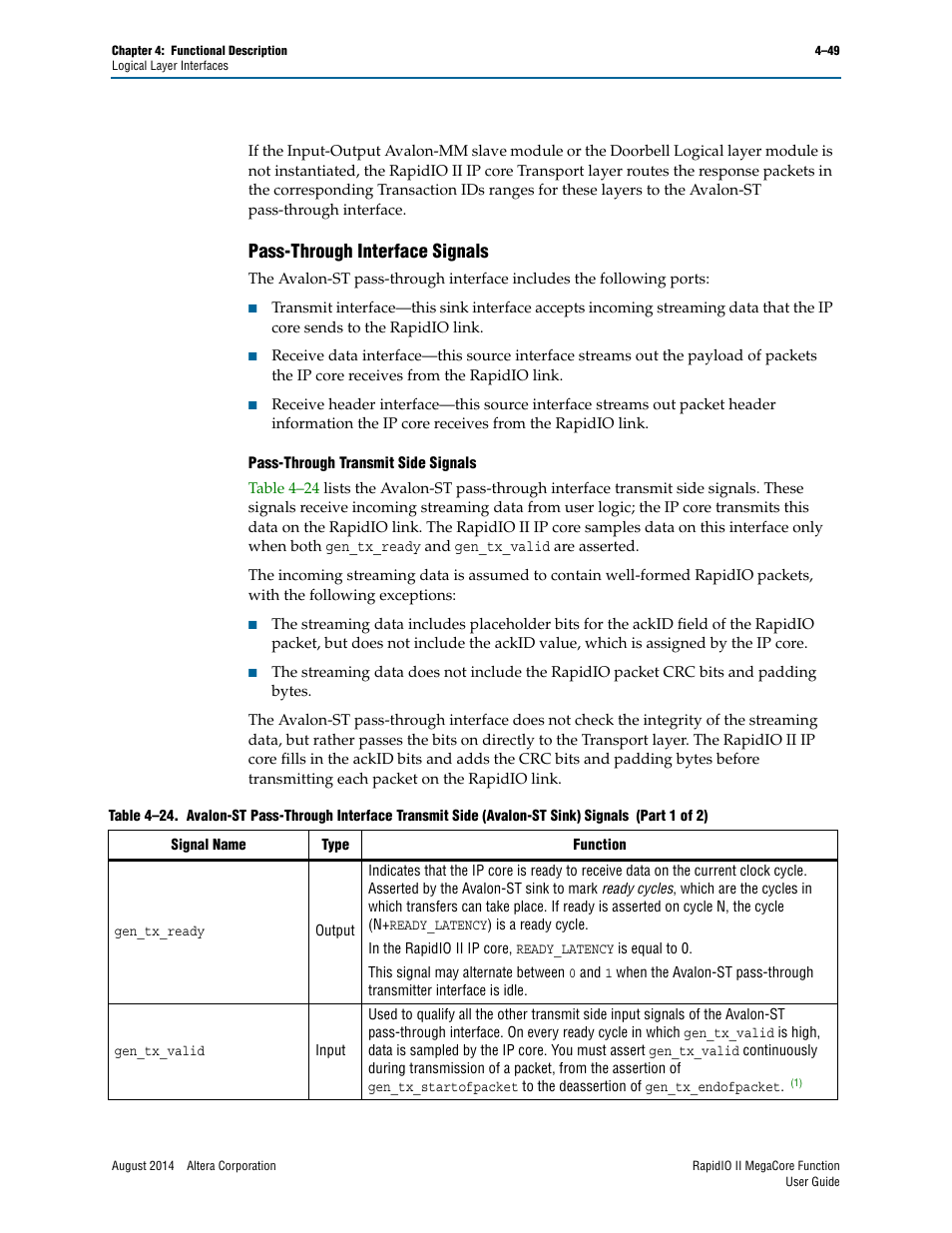 Pass-through interface signals, Pass-through interface signals –49 | Altera RapidIO II MegaCore Function User Manual | Page 91 / 218