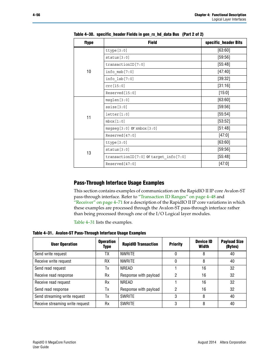 Pass-through interface usage examples, Pass-through interface usage examples –56, Pass-through | Altera RapidIO II MegaCore Function User Manual | Page 98 / 218