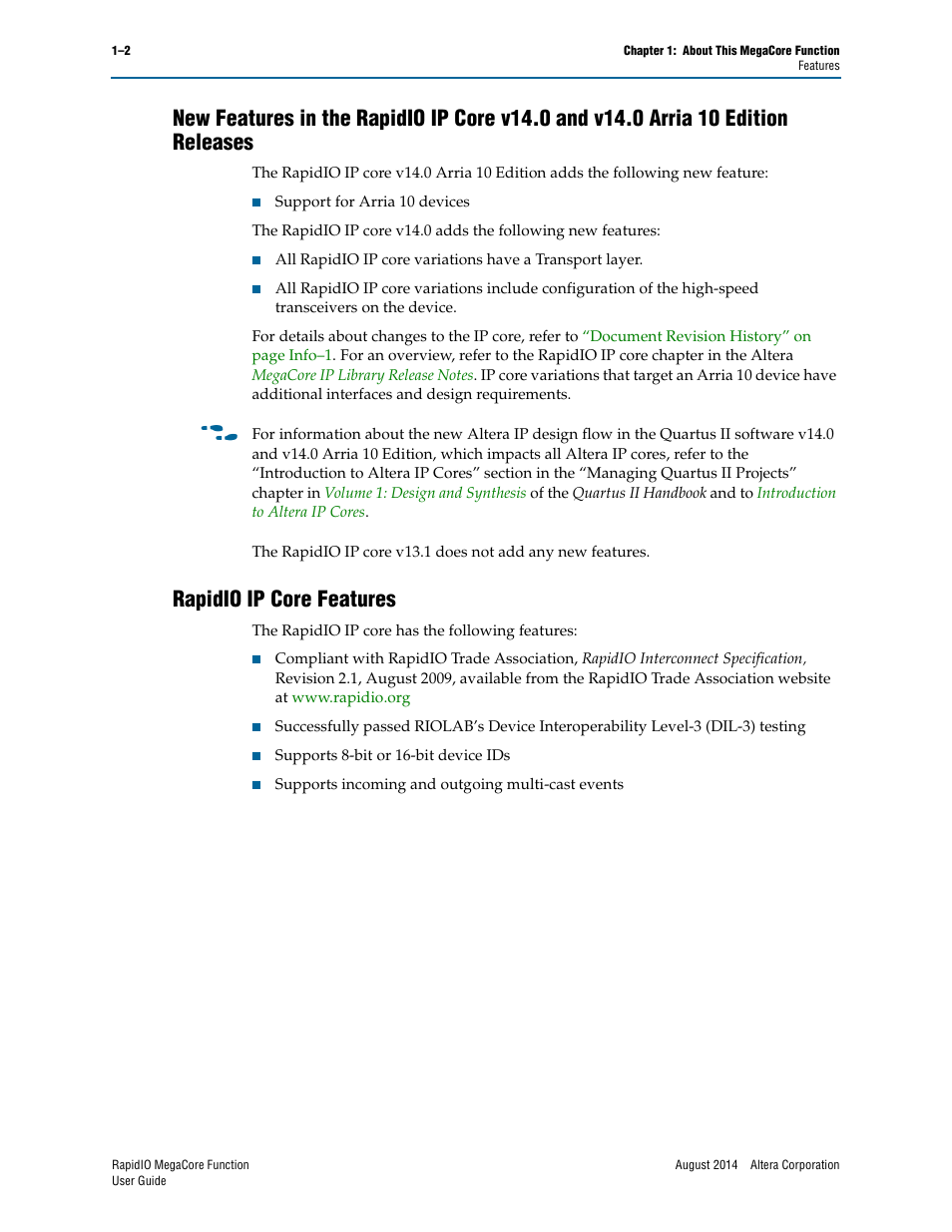 Rapidio ip core features | Altera RapidIO MegaCore Function User Manual | Page 10 / 198