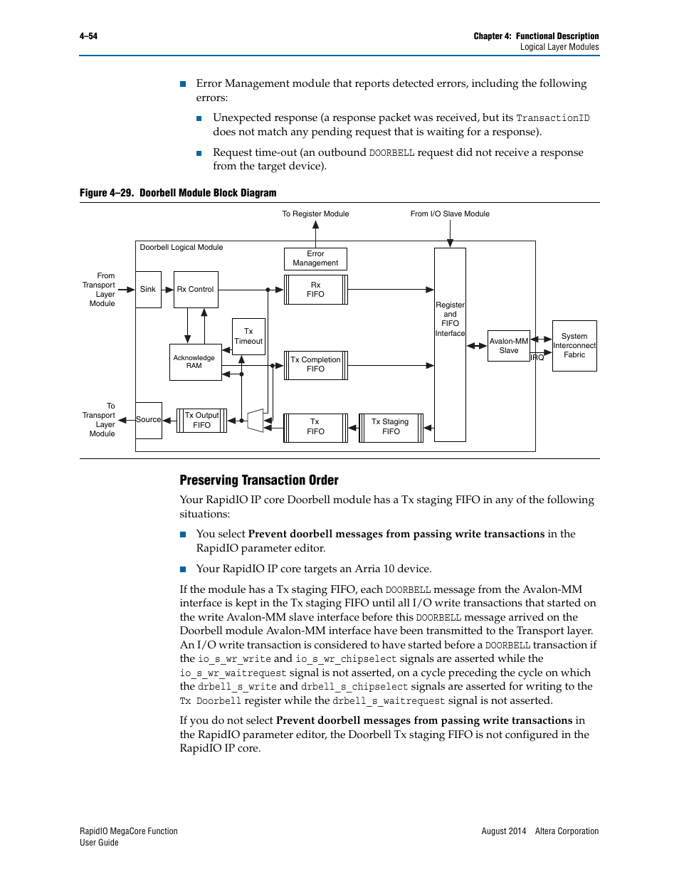 Preserving transaction order, Preserving transaction order –54, Figure 4–29 | Altera RapidIO MegaCore Function User Manual | Page 100 / 198