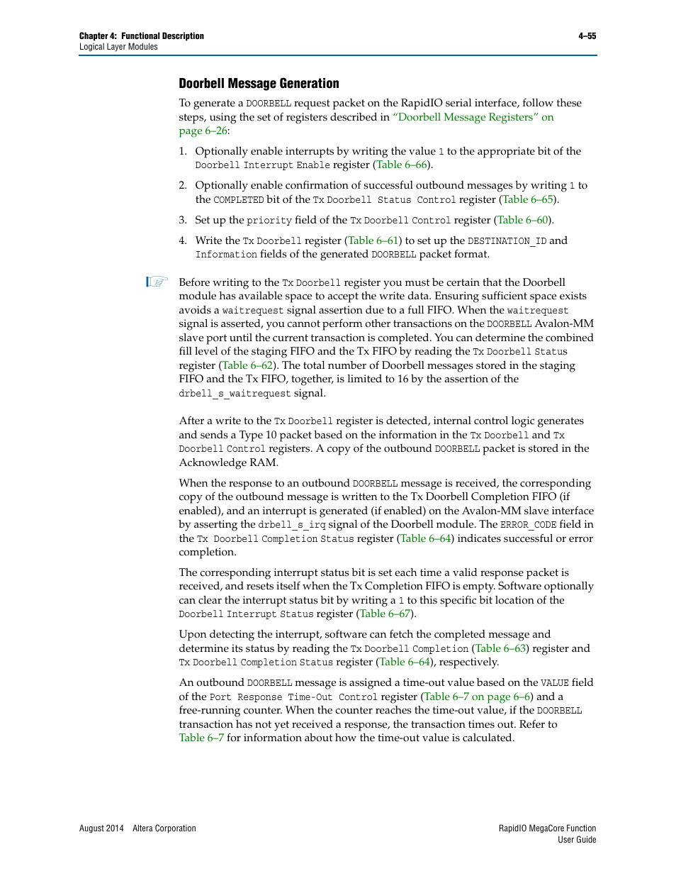 Doorbell message generation, Doorbell message generation –55 | Altera RapidIO MegaCore Function User Manual | Page 101 / 198