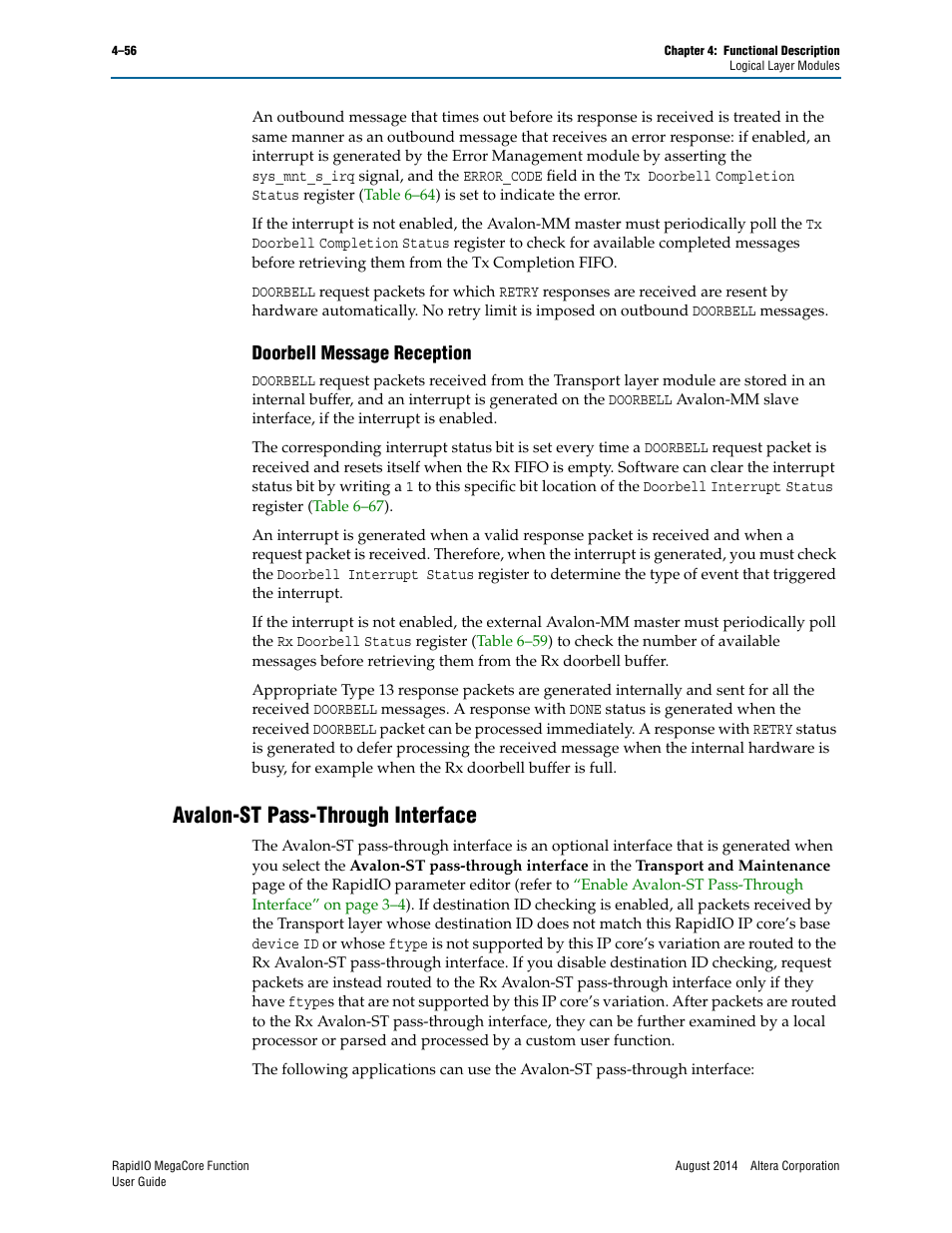 Doorbell message reception, Avalon-st pass-through interface, Doorbell message reception –56 | Avalon-st pass-through interface –56 | Altera RapidIO MegaCore Function User Manual | Page 102 / 198