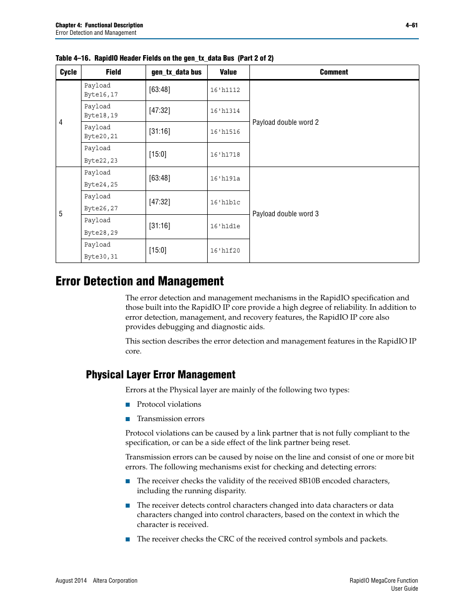 Error detection and management, Physical layer error management, Error detection and management –61 | Physical layer error management –61 | Altera RapidIO MegaCore Function User Manual | Page 107 / 198