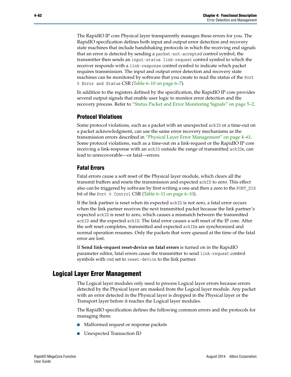 Protocol violations, Fatal errors, Logical layer error management | Protocol violations –62 fatal errors –62, Logical layer error management –62 | Altera RapidIO MegaCore Function User Manual | Page 108 / 198