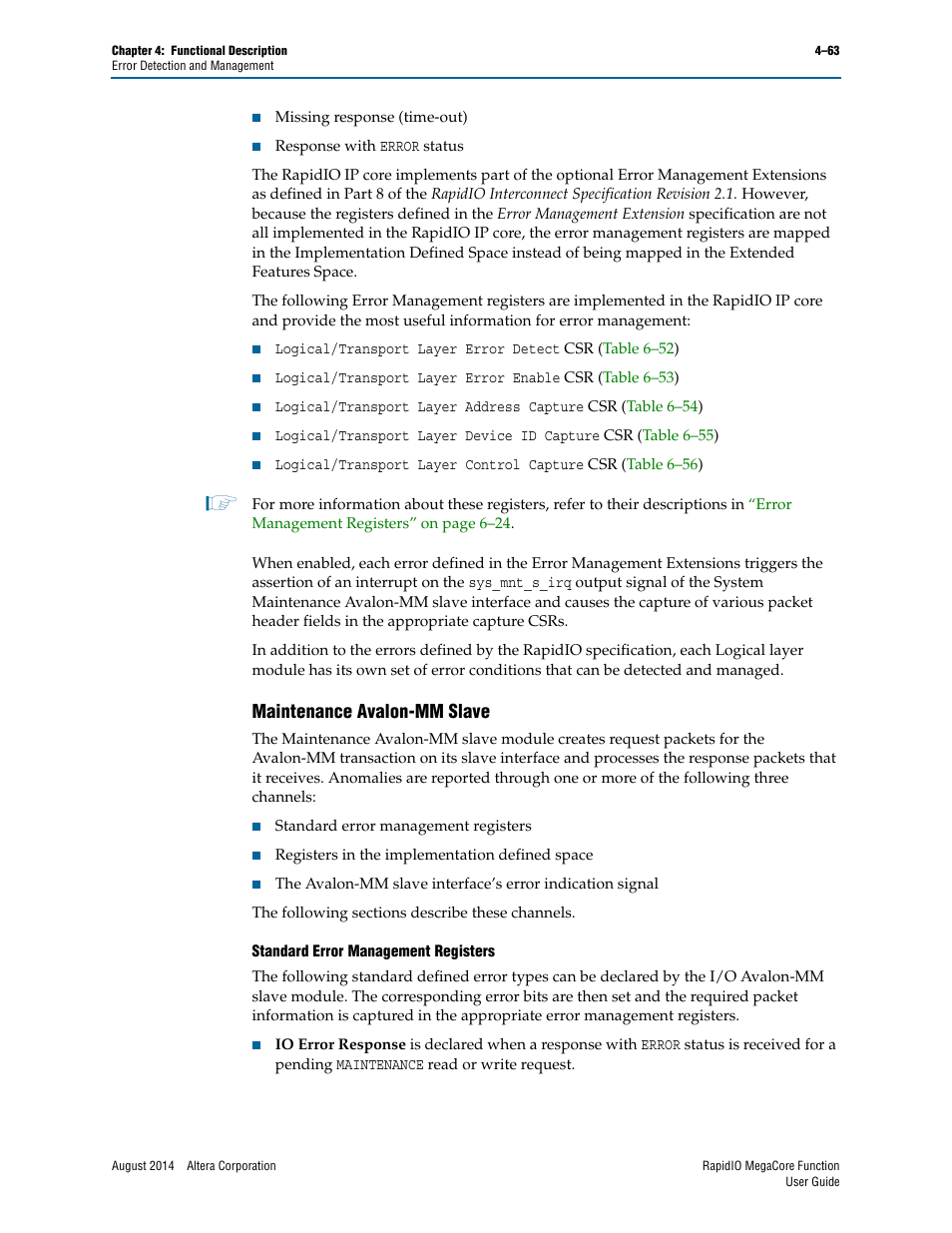 Maintenance avalon-mm slave, Maintenance avalon-mm slave –63 | Altera RapidIO MegaCore Function User Manual | Page 109 / 198