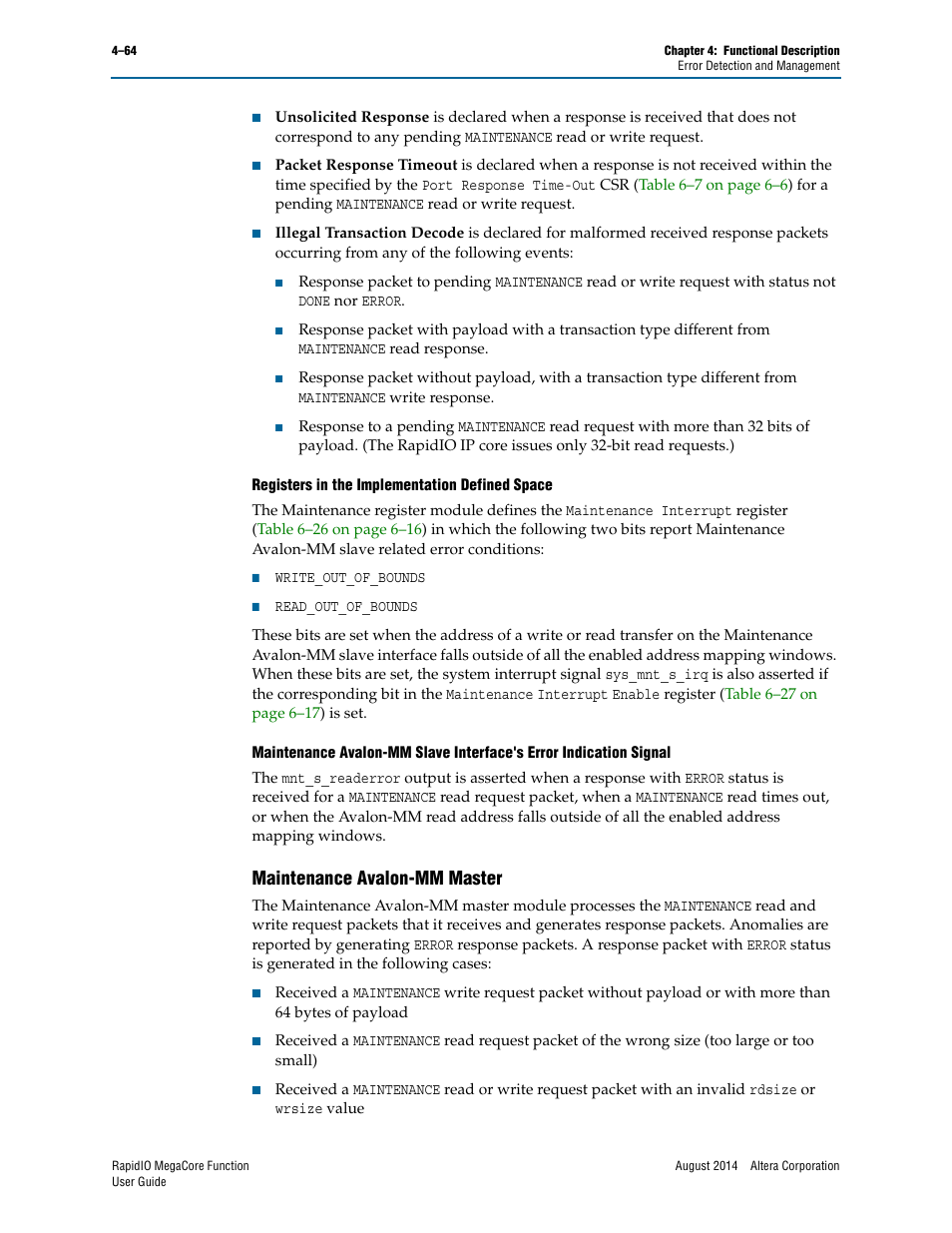 Maintenance avalon-mm master, Maintenance avalon-mm master –64 | Altera RapidIO MegaCore Function User Manual | Page 110 / 198
