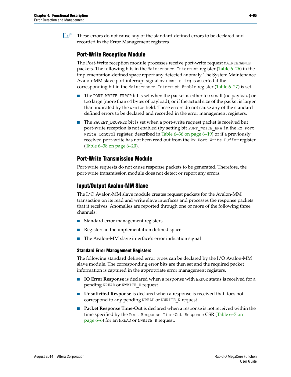 Port-write reception module, Port-write transmission module, Input/output avalon-mm slave | Altera RapidIO MegaCore Function User Manual | Page 111 / 198