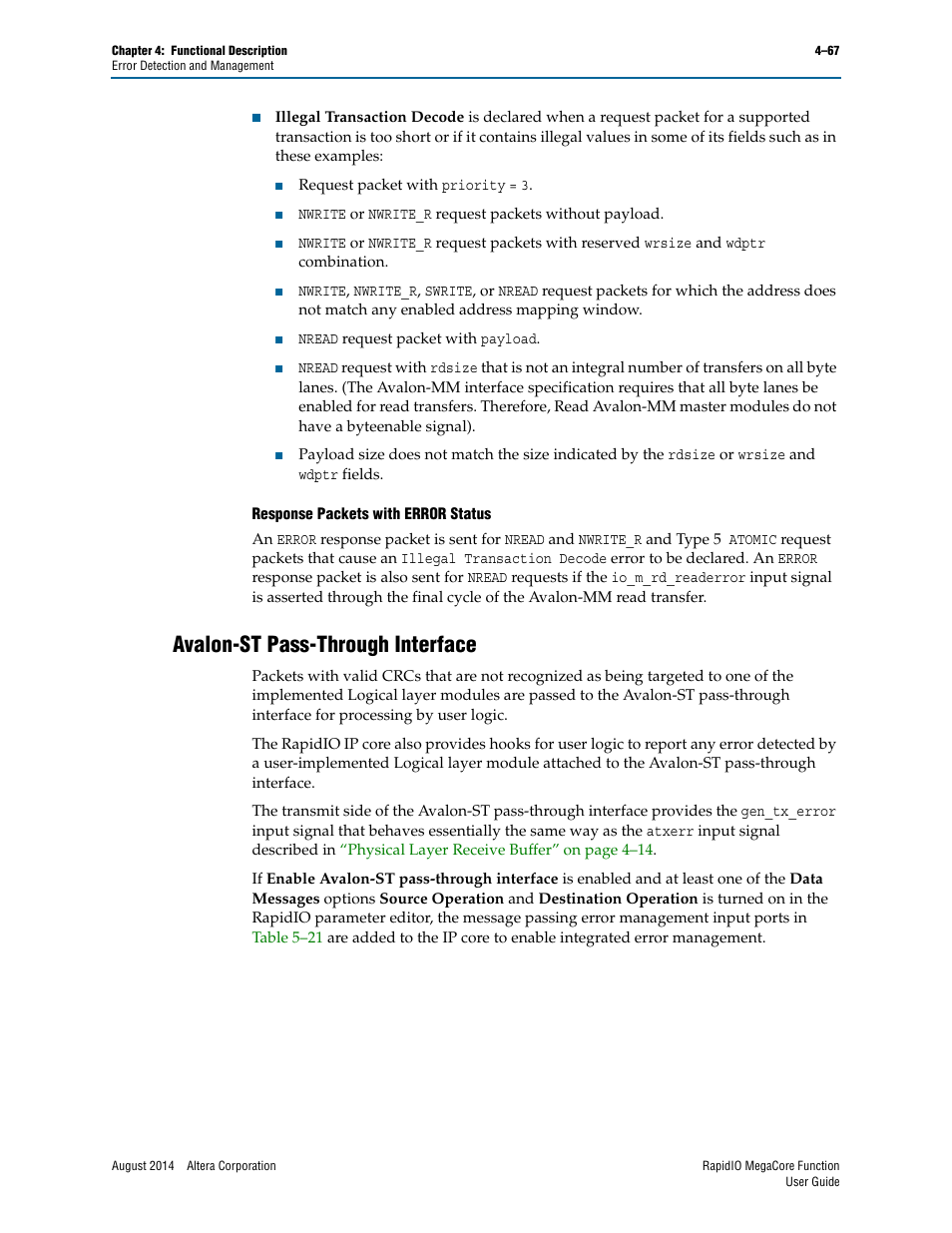 Avalon-st pass-through interface, Avalon-st pass-through interface –67 | Altera RapidIO MegaCore Function User Manual | Page 113 / 198