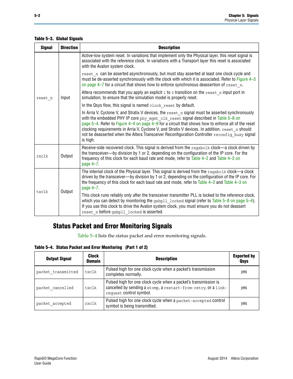 Status packet and error monitoring signals, Status packet and error monitoring signals –2, Refer to | Altera RapidIO MegaCore Function User Manual | Page 116 / 198